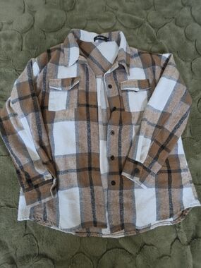 Plaid Button-Down Shirt Jacket in Brown & White - Casual Layering Top